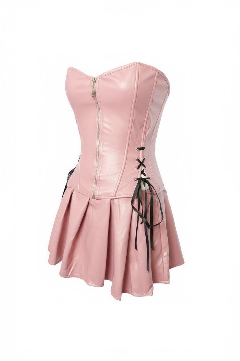 Pink leather dress with zipper and lace-up details