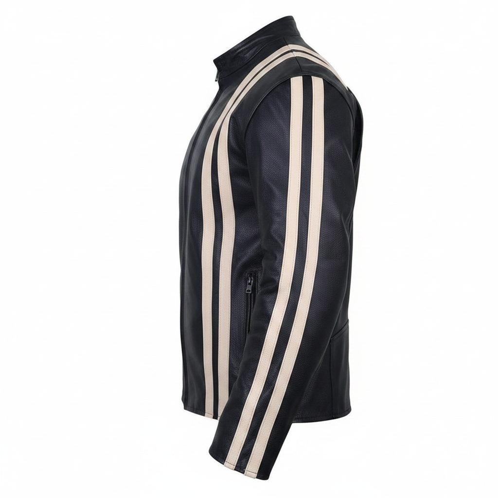 Men's Black Leather Biker Jacket White Racing Stripes