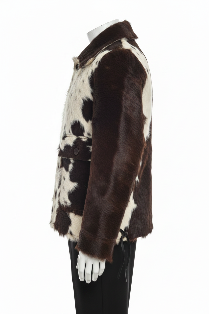 A brown and white cow-print faux fur jacket displayed on a white mannequin against a plain white background.