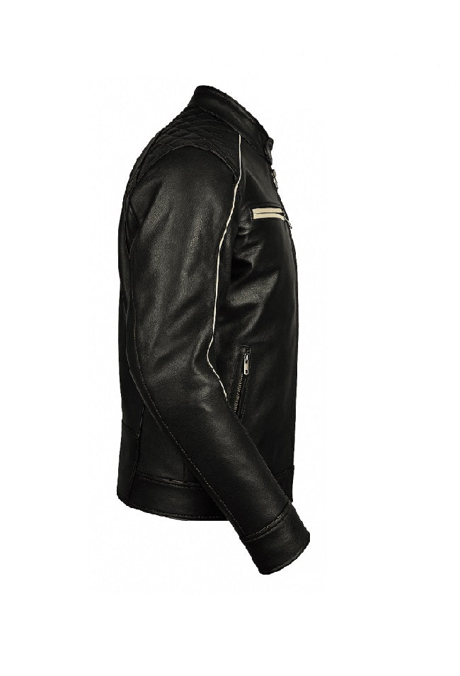 Men's Black Leather Café Racer Jacket | Cream Contrast Piping