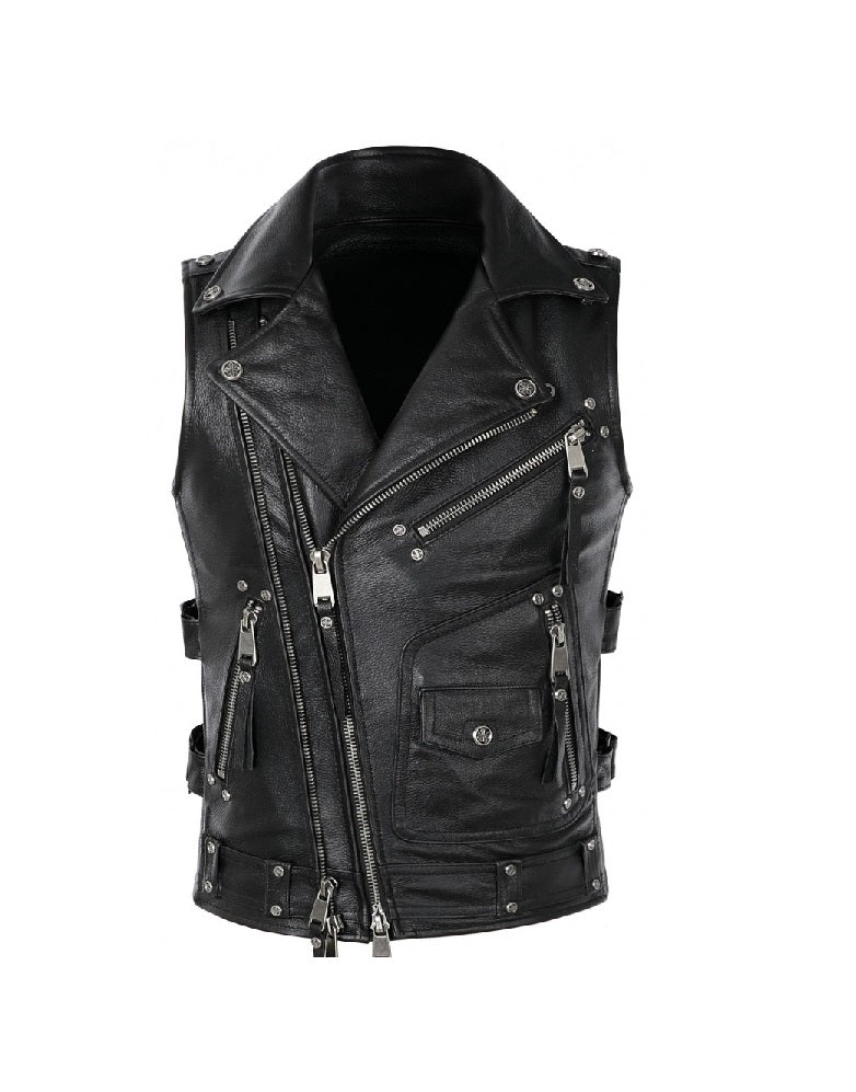 Black leather vest with zippers and buttons