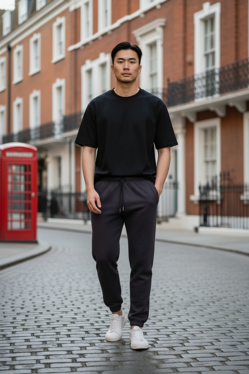 A man wearing a black crewneck t-shirt and dark gray jogger pants walks down a cobblestone street in front of red brick townhouses and a red phone booth.