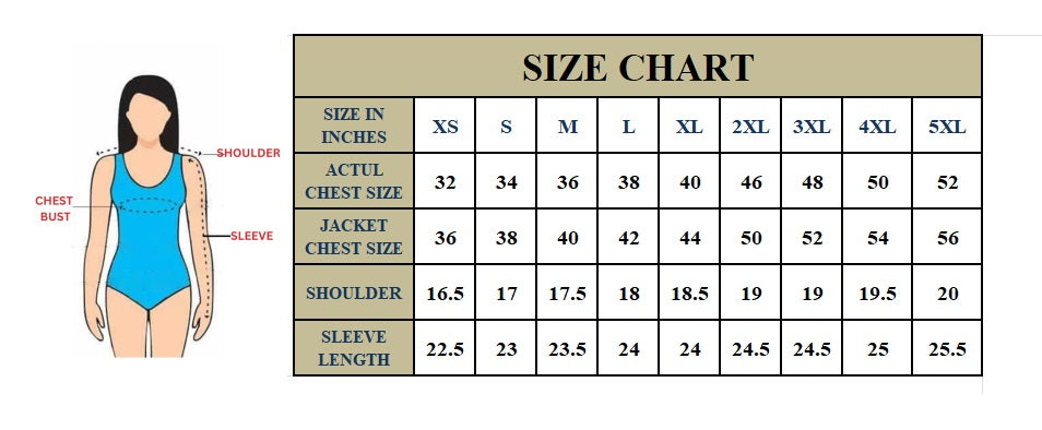 A size chart diagram for a one-piece swimsuit or bodysuit, showing a female body outline with labeled chest, bust, shoulder, and sleeve measurements alongside a size table from XS to 5XL.