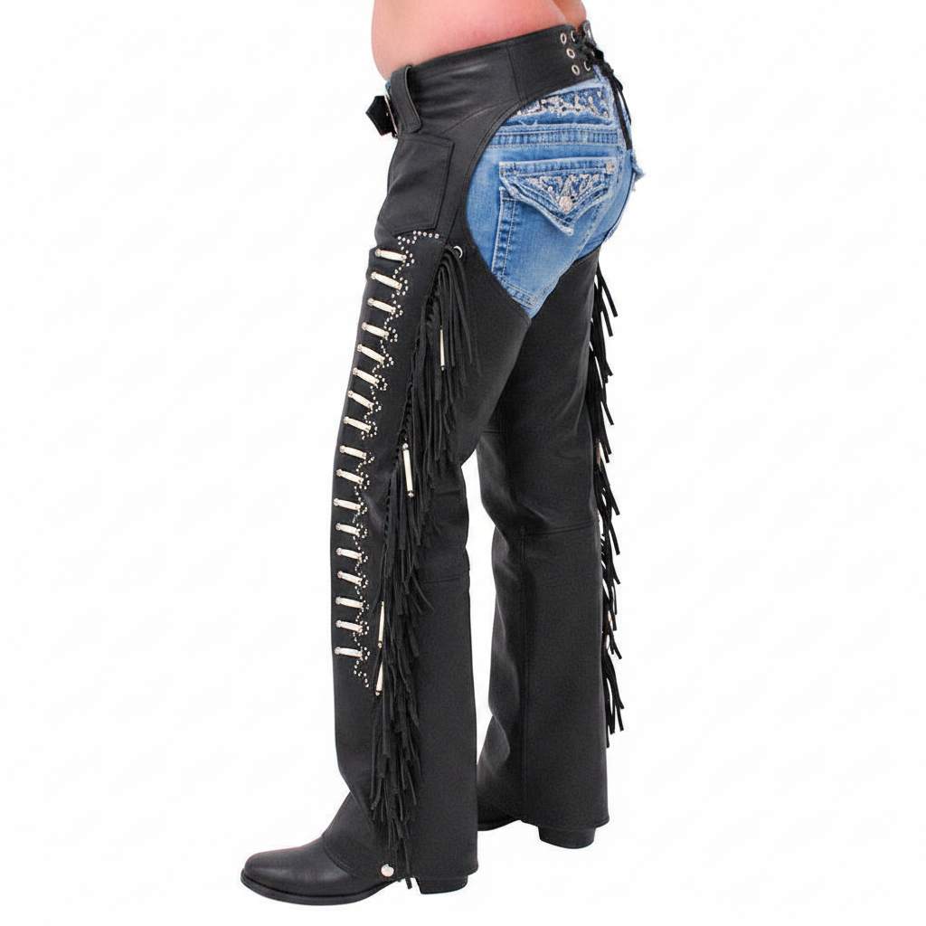 Women's Black Leather Chaps with Fringe & Studs