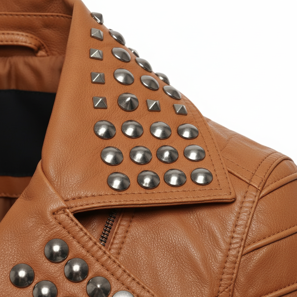 Women's Tan Leather Jacket - Stud Close-up