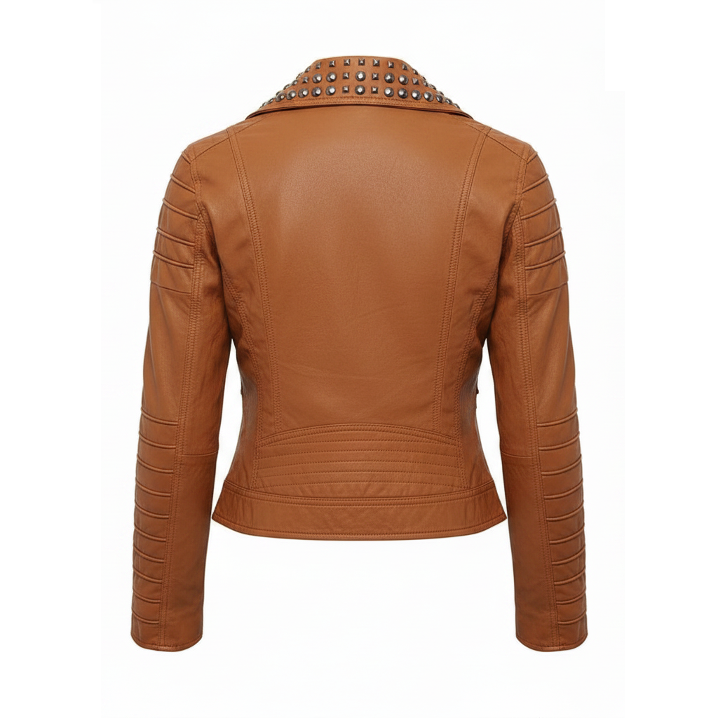 Brown leather jacket with studded collar 