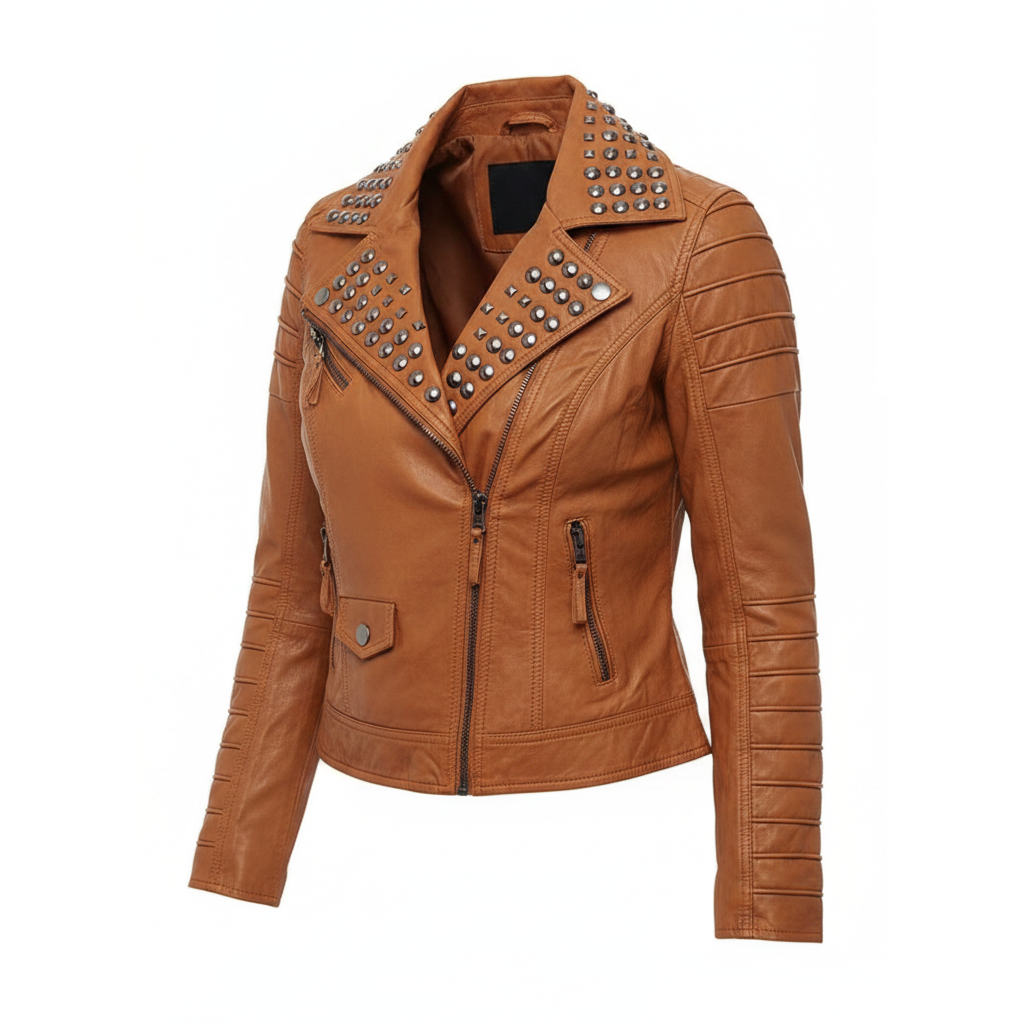 Brown leather jacket with studded details