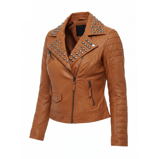 Brown leather jacket with studded details