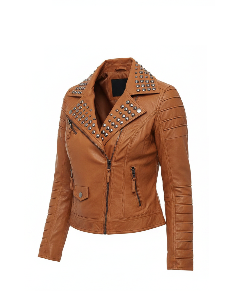 Women's Tan Leather Studded Biker Jacket