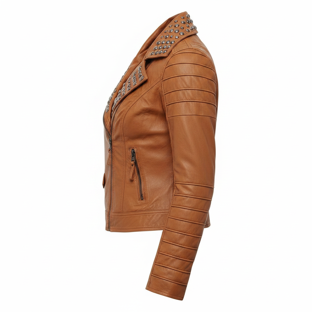 Women's Tan Studded Leather Jacket - Side View